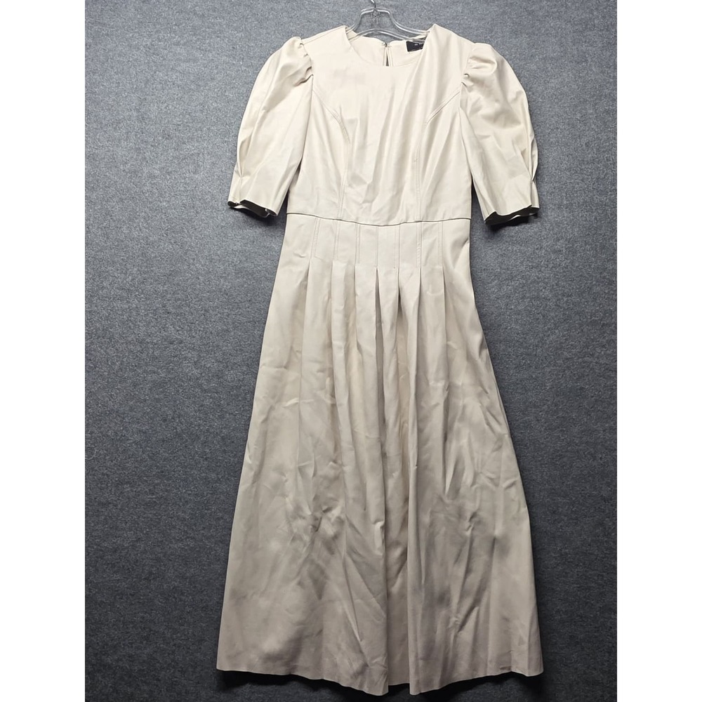 En Saison Women's Ivory Pleated Maxi Dress Short Sleeve Faux Leather Size S